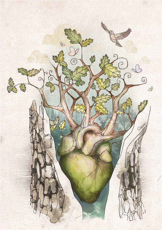 ilustración En el tronco de un viejo árbol